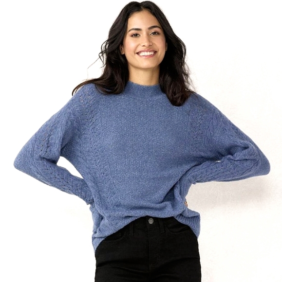 Lauren Conrad Oversized Cable Knit Sweater Crew Neck Balloon Sleeve Blue size S - Picture 1 of 13